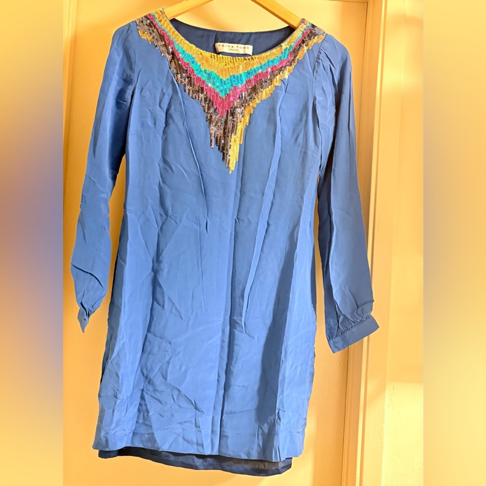 Trina Turk Vibrant Blue Tunic with Colorful Beaded Detail